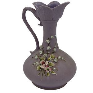 Vtg. Lefton Purple Floral Lilac Vase Raised Applied Sweet Pea Flowers Hand Paint